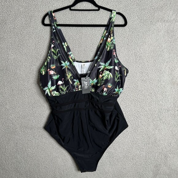 Daci Flamingo Plus Size One Piece Swimsuit 22W Mesh Tropical‎ Beach Resort - Picture 2 of 10